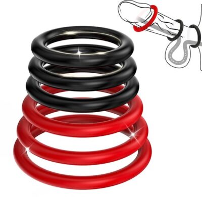 Lusties Cockring Set – 6-delige Siliconen Erectiering Set – Verschillende Maten – Zwart & Rood
