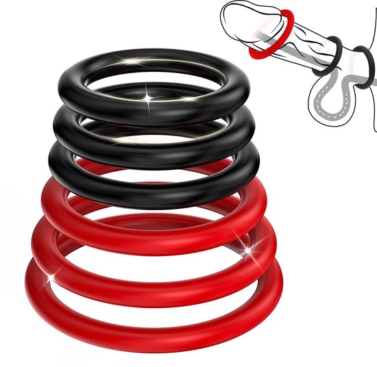 Lusties Cockring Set – 6-delige Siliconen Erectiering Set – Verschillende Maten – Zwart & Rood